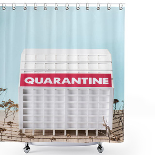 Personality  Cardboard Hospital Model With Quarantine Lettering Isolated On Blue Shower Curtains