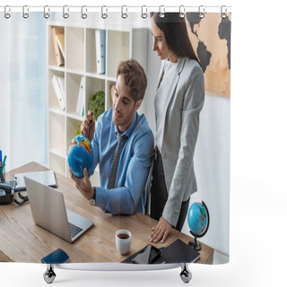 Personality  Attractive Travel Agent Standing Near Colleague Pointing With Pen At Globe Shower Curtains