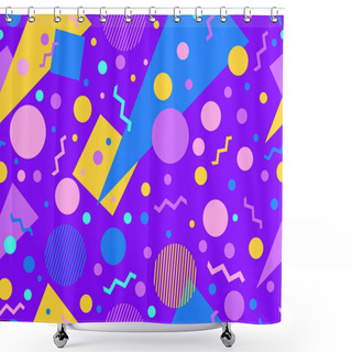 Personality  Memphis Seamless Pattern With Geometric Shapes In 80s Style. Colorful Geometric Shapes On A Violet Background. Design Of Promotional Products, Wrapping Paper And Printing. Vector Illustration Shower Curtains