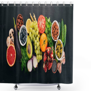 Personality  Healthy Food Clean Eating Selection: Vegetables, Fruits, Nuts, Berries And Mushrooms, Parsley, Spices. On A Black Background. Free Space For Text. Shower Curtains