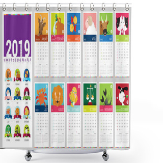 Personality  A Vector 2019 Complete Calendar Illustrated With Cute Cartoon Zodiac Signs And Brilliant Colors Shower Curtains