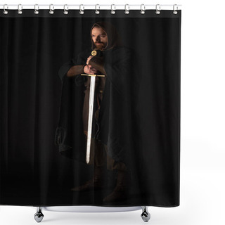 Personality  Medieval Scottish Man In Mantel With Sword In Dark Isolated On Black Shower Curtains
