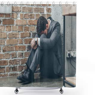 Personality  Sad Man In Gray Suit Sitting On Floor And Hugging Knees On Brown Textured Background In Room, Grieving Disorder Concept Shower Curtains