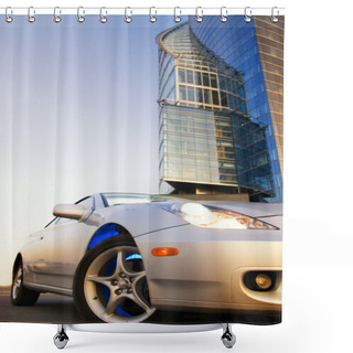 Personality  Sport Car With Office Building And Clear Blue Sky Behind It Shower Curtains