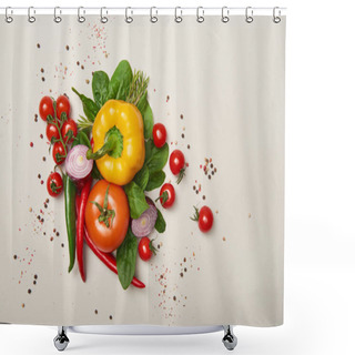 Personality  Top View Of Fresh Vegetables And Spices On Grey Background Shower Curtains