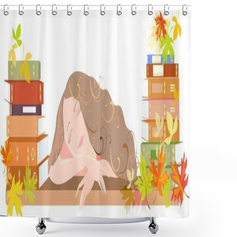 Personality  Sleeping Girl With Schoolbooks And Autumn Leaves Shower Curtains