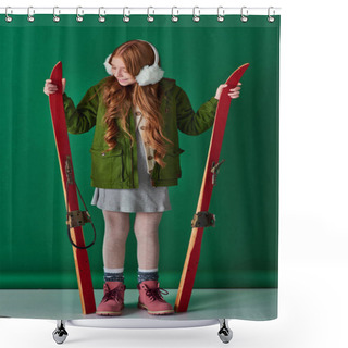 Personality  Cheerful Preteen Girl In Ear Muffs And Winter Outfit Holding Red Skis On Turquoise Background Shower Curtains