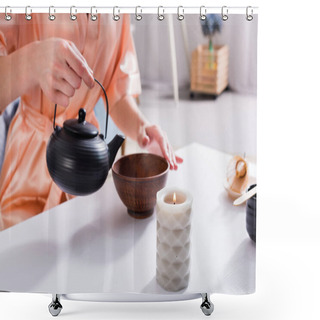 Personality  Cropped Shot Of Woman Making Tea While Having Tea Ceremony In Morning At Home Shower Curtains