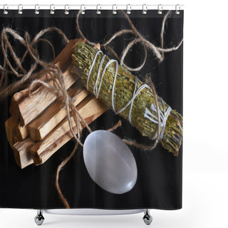 Personality  A Close Up Image Of Smudge Stick Bundles And Selenite Palm Stone On A Black Background.  Shower Curtains