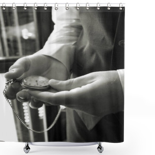 Personality  Detail Of The Hands Of An Elegant Man Looking At His Pocket Watch Shower Curtains