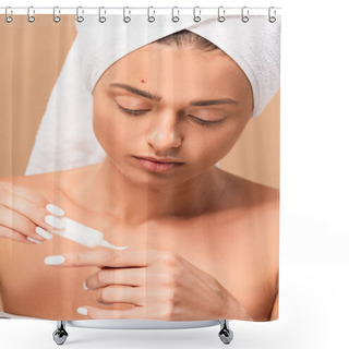 Personality  Attractive And Naked Woman Applying Treatment Cream On Hand Isolated On Beige  Shower Curtains