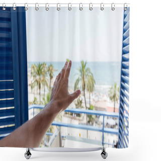 Personality  Cropped View Of Male Hand Near Open Door With Sea Coast And Palm Trees At Background In Catalonia, Spain  Shower Curtains