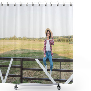 Personality  Full Length View Of African American Woman Looking Away While Sitting On Wooden Fence In Field Shower Curtains