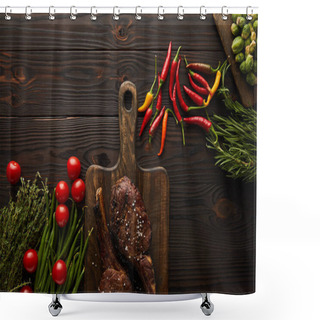 Personality  Top View Of Meat, Chili Peppers, Cherry Tomatoes, Green Peas, Greenery, Brussels Sprouts  Shower Curtains