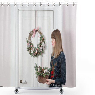 Personality  Young Woman Holding A Christmas Wooden Box With Fir Branches For The Holiday. The New Year Celebration. Shower Curtains