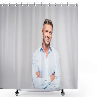 Personality  Smiling Adult Man With Crossed Arms Looking At Camera Shower Curtains