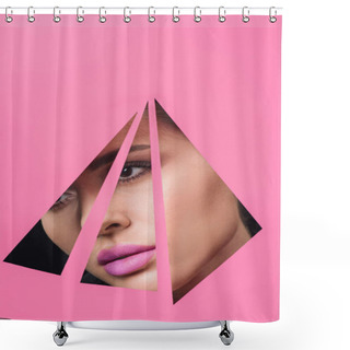 Personality  Woman With Pink Lips Looking Across Triangular Holes In Paper Shower Curtains
