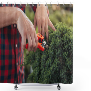 Personality  Gardener Cutting Bush With Pruning Shears Shower Curtains