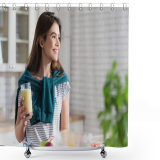 Personality  Happy Woman Holding Glass Of Fresh Juice On Blurred Foreground In Kitchen Shower Curtains
