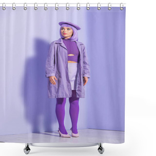 Personality  Young Woman Dressed In Doll Style In Beret Posing On Violet Colorful Background Shower Curtains