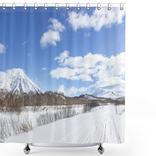 Personality  Russia, Kamchatka Volcanoes Natural Park. A Snow-covered Road Along A Frozen Riverbed In The Direction Of An Icy Volcano. Winter Hiking To The Avachinsky Pass. August 20 Is The Day Of The Volcano In Kamchatka Shower Curtains