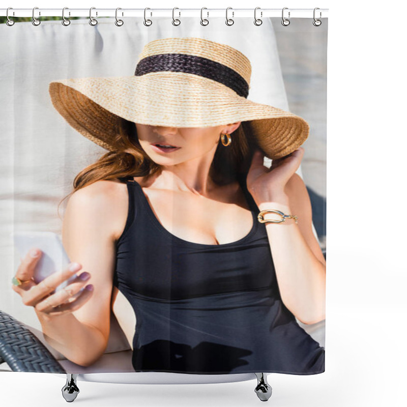 Personality  Girl In Swimming Suit And Straw Hat Lying On Sun Bed And Using Smartphone On Resort Shower Curtains