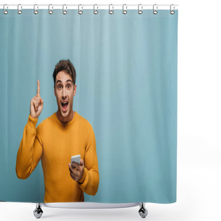 Personality  Surprised Man Using Smartphone And Pointing Up, Isolated On Blue Shower Curtains