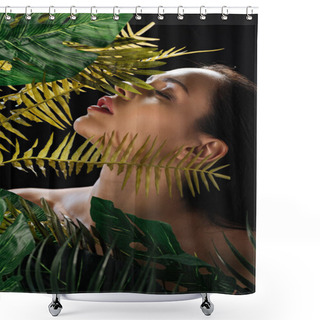 Personality  Sexy Girl With Closed Eyes Near Monstera And Fern Green Leaves Isolated On Black Shower Curtains