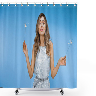 Personality  Woman In Dress Holding Shiny Sparklers On Blue Shower Curtains