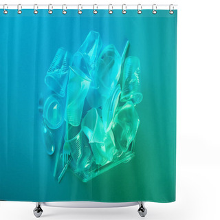 Personality  Top View Of Pile Of Crumpled Plastic Bags, Cups, Straws And Forks With Copy Space In Blue Light Shower Curtains