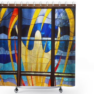 Personality  LOS ANGELES, UNITED STATES - May 18, 1988: Stained Glass Abstract Artwork Of The Resurrection. Shower Curtains