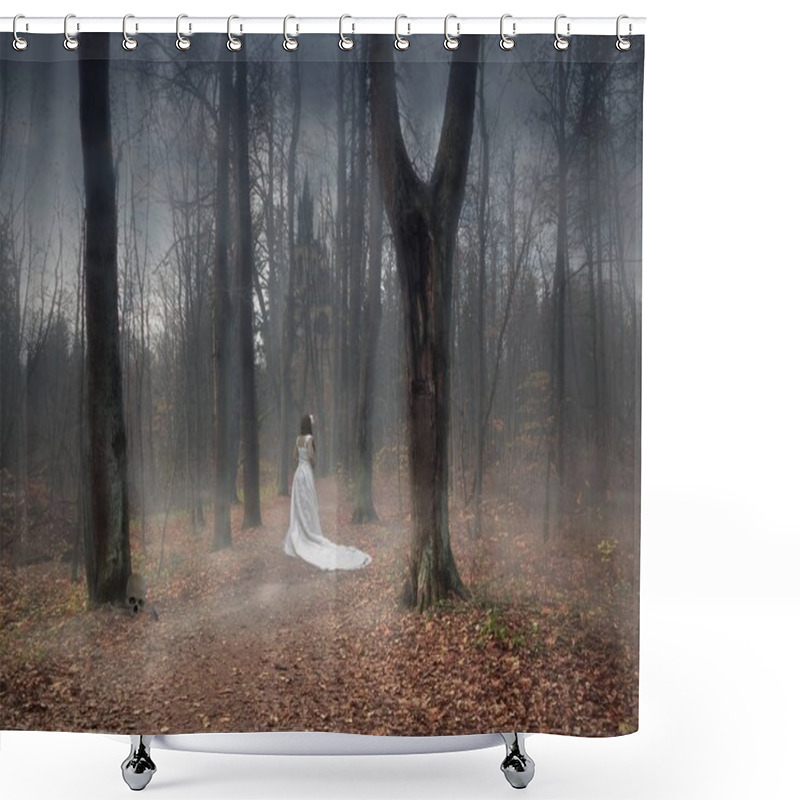 Personality  A Girl In A Bride's Dress Is Walking Through A Foggy Forest  Shower Curtains