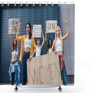Personality  Five Multiethnic Feminists Holding Placards With Slogans And Screaming On Street Shower Curtains