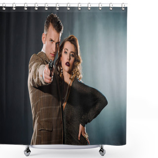 Personality  Selective Focus Of Dangerous Gangster Holding Gun And Standing Near Attractive Woman  On Black  Shower Curtains