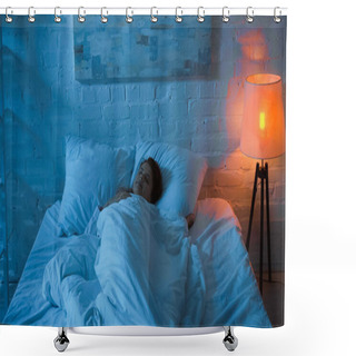 Personality  Woman Sleeping On Bed Near Floor Lamp In Bedroom  Shower Curtains