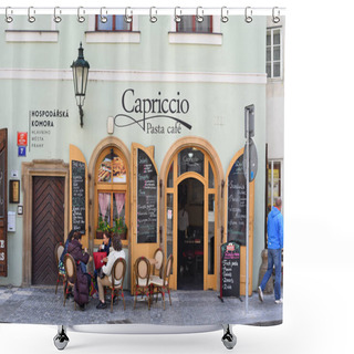 Personality  PRAGUE, CZECH REPUBLIC  May 1, 2017: Tables Restaurant In The Old Streets Of The City. Shower Curtains