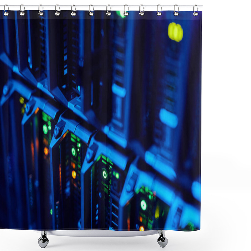 Personality  Macro Image Of Blade Servers In Blue Neon Light Stacked In Data Center, Copy Space Shower Curtains