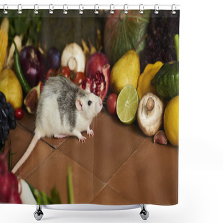 Personality  Closeup Of Decorative Cute Rat And Pile Of Raw Vegetables And Fruits Shower Curtains