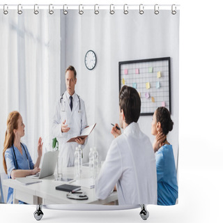 Personality  Multiethnic Hospital Staff Working With Laptop And Paper Folder In Clinic  Shower Curtains