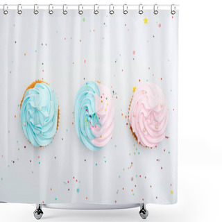 Personality  Panoramic Shot Of Tasty Colorful Cupcakes With Sprinkles Isolated On White Shower Curtains