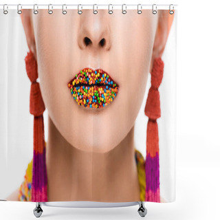 Personality   Cropped View Of Girl In Beaded Earrings, With Beads On Lips Isolated On White Shower Curtains
