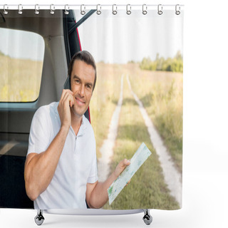 Personality  Handsome Man Sitting In Car Trunk With Map And Talking By Phone In Field Shower Curtains
