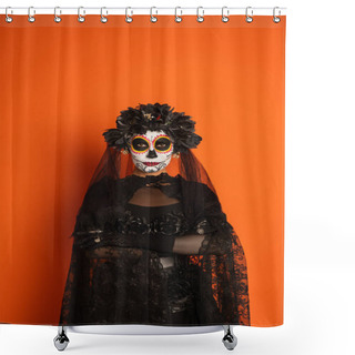 Personality  Woman In Black Witch Costume And Traditional Mexican Day Of Dead Makeup Standing With Crossed Arms Isolated On Orange, Banner Shower Curtains