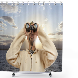 Personality  Captain Looks Through A Binoculars Shower Curtains