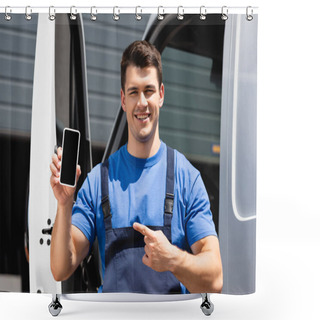 Personality  Loader Pointing With Finger At Smartphone With Blank Screen Near Truck Outdoors  Shower Curtains
