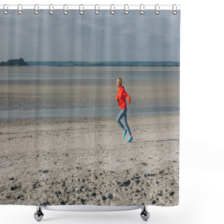 Personality  Stylish Young Woman Running On Sandy Beach, Saint Michaels Mount, France Shower Curtains