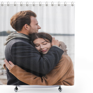 Personality  Happy Woman With Closed Eyes Hugging Boyfriend During Autumn Walk Shower Curtains