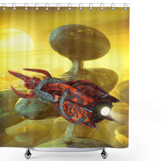 Personality  Spaceship And Futuristic City Shower Curtains