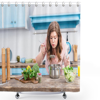 Personality  Portrait Of Young Overweight Woman Cooking Soup In Kitchen At Home Shower Curtains