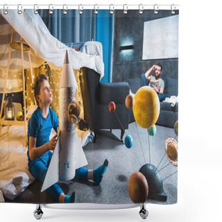 Personality  Boy Playing With Toy Rocket  Shower Curtains